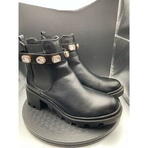 Chelsea Boots Black with Block Heel & Bedazzled Gem Cuff Size 9 Chunky Blingy